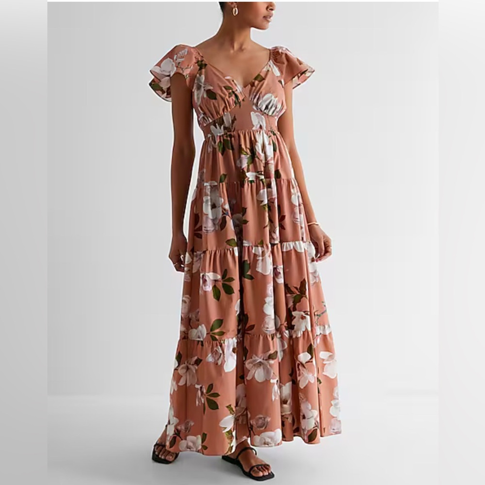 Express floral v-neck flutter sleeve tiered poplin maxi‎ dress, NWT